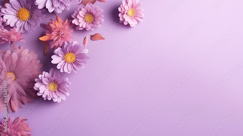  a bunch of pink flowers on a purple background with space for text.  generative ai
