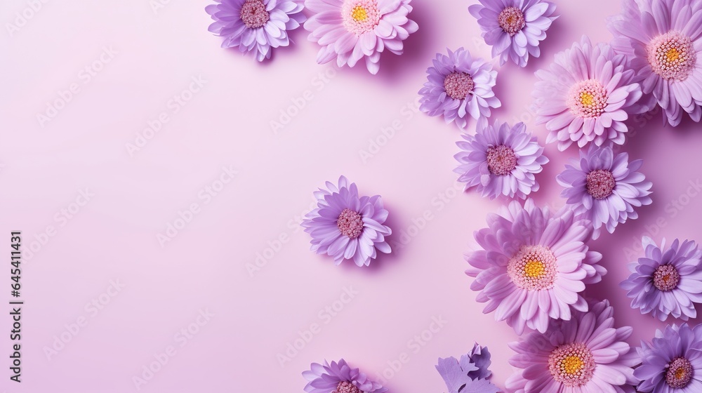  a bunch of purple daisies on a pink background with space for text.  generative ai