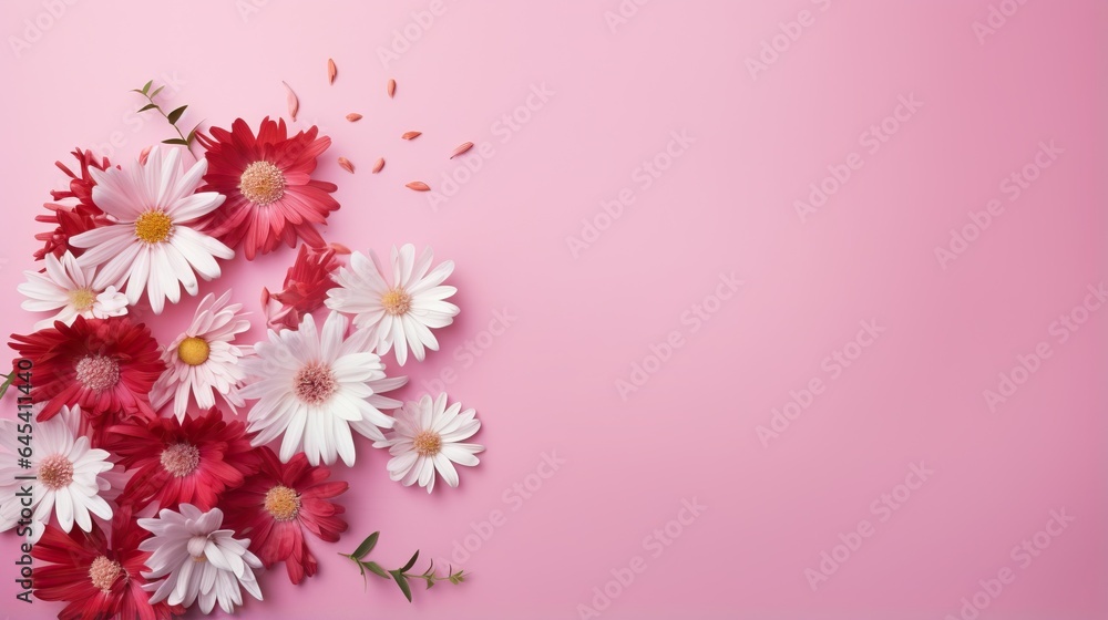 red and white daisies on a pink background with space for text. generative ai red and white daisies on a pink background with space for text. generative ai