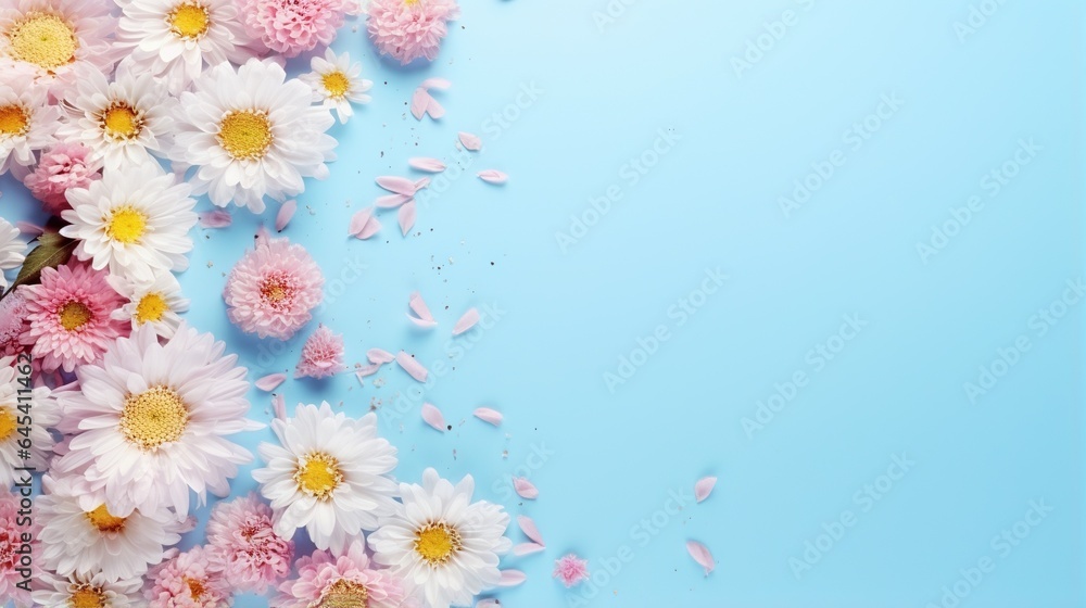  a bunch of pink and white flowers on a blue background.  generative ai