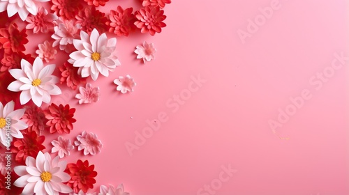  a pink background with red and white flowers on top of it.  generative ai