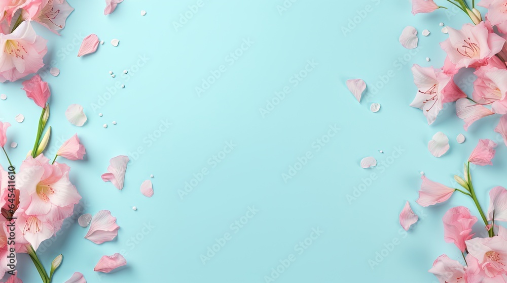  pink flowers on a blue background with drops of water on the petals.  generative ai