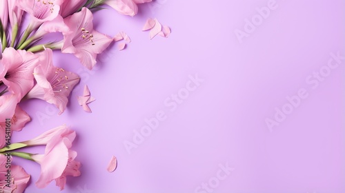  a bunch of pink flowers on a purple background with space for text.  generative ai © Shanti