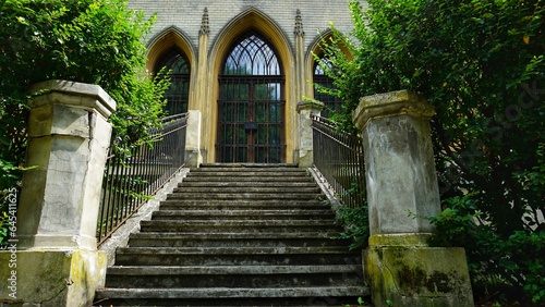 Ancient threshold of a gothic house with steps.