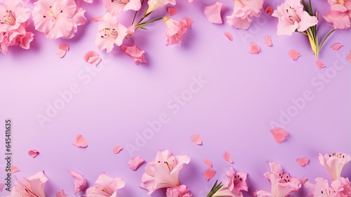 pink flowers on a purple background with petals scattered around them. generative ai