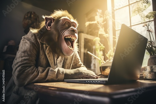 Fototapeta The monkey is sitting at his laptop and laughing.