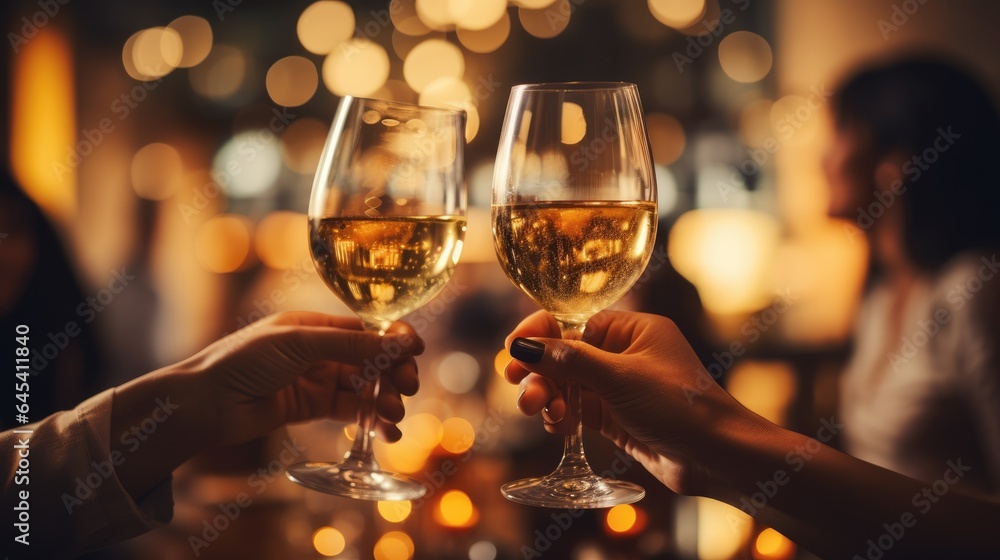 close up hands friends toasting white wine at dinner party in restaurant, Generative AI