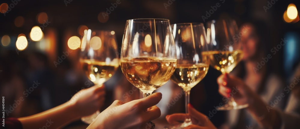 close up hands friends toasting white wine at dinner party in restaurant, Generative AI - obrazy, fototapety, plakaty 