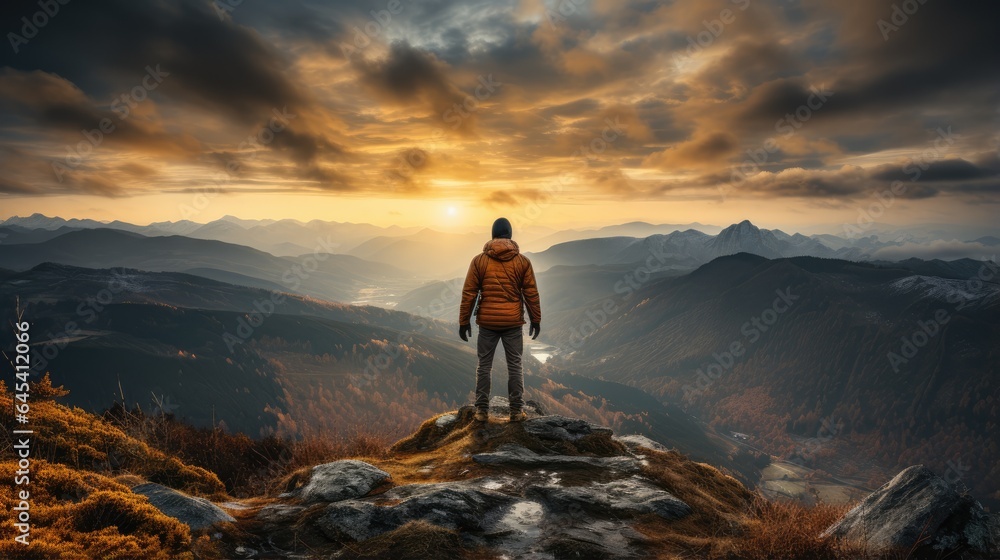 Fototapeta premium Man raises one hand punching the air on mountain peak with sunset background