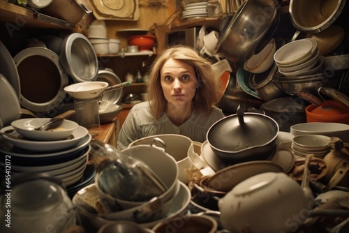 Overworked Woman in a Cluttered Kitchen