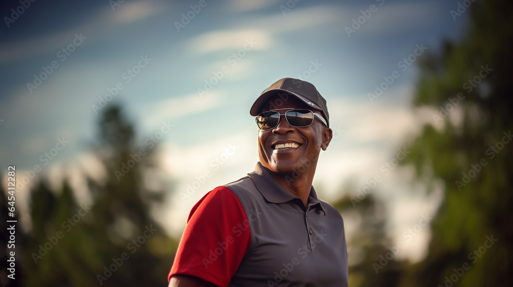 Portrait of a man in sunglasses. Coach, golf. Generative Ai