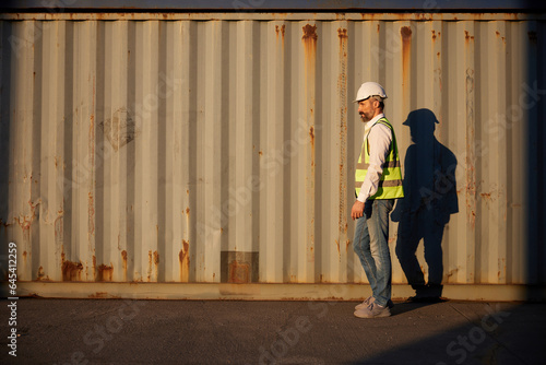 factory worker or engineer walking forward in containers warehouse storage © offsuperphoto