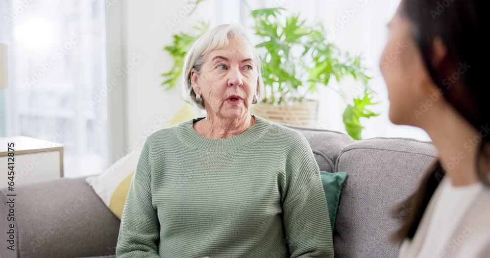 Senior woman, discussion and couch with daughter, bonding and mother together with love and mom. Home, conversation and retirement on a sofa with story, lounge and communication with elderly person Senior woman, discussion and couch with daughter, bonding and mother together with love and mom. Home, conversation and retirement on a sofa with story, lounge and communication with elderly person
