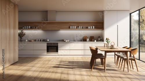 minimalist kitchen with laminate flooring and white walls furnished with a table photo