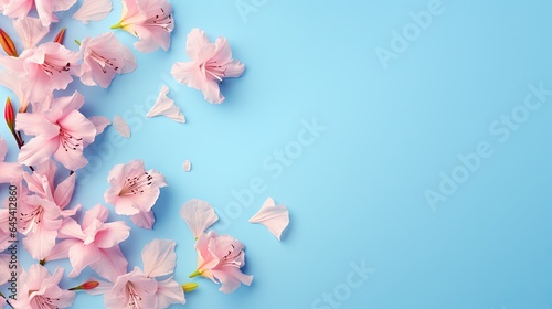  pink flowers on a blue background with space for text or image. generative ai