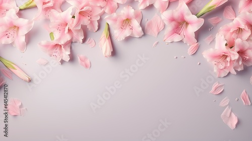  pink flowers on a gray background with a place for text. generative ai