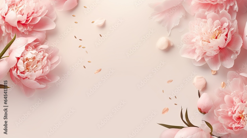  pink peoni flowers on a white background with petals scattered around.  generative ai