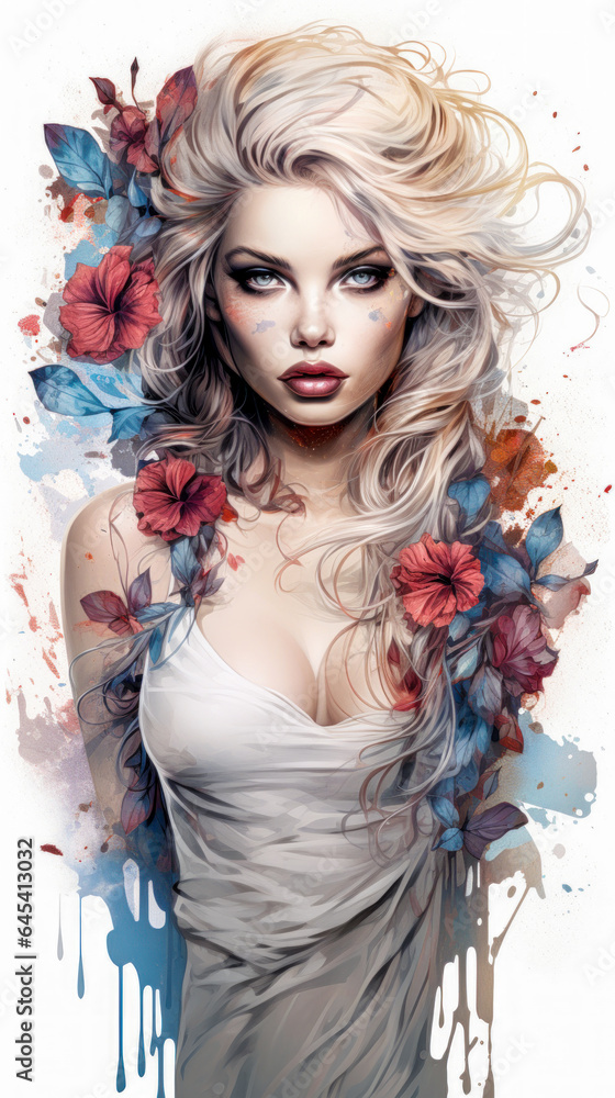 Fototapeta premium Tattoo Submission Template Brainstorming Devine Woman and Flowers Digital Art Generative AI Background Cover Magazin 