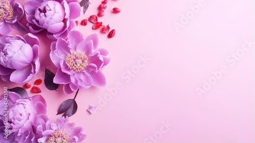  a pink background with pink flowers and pomegranates.  generative ai © Shanti