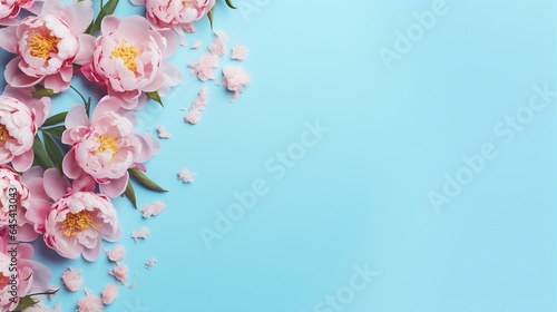  a bunch of pink flowers on a blue background with space for text.  generative ai © Shanti