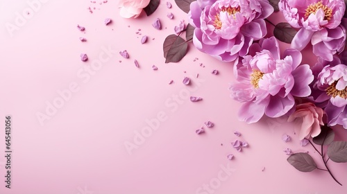 a bunch of pink flowers with leaves on a pink background. generative ai