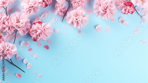  pink flowers on a blue background with petals scattered around them.  generative ai © Shanti