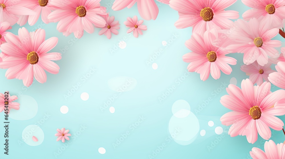  a bunch of pink daisies on a blue background with bubbles.  generative ai