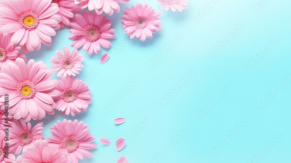  pink daisies on a blue background with petals scattered around.  generative ai