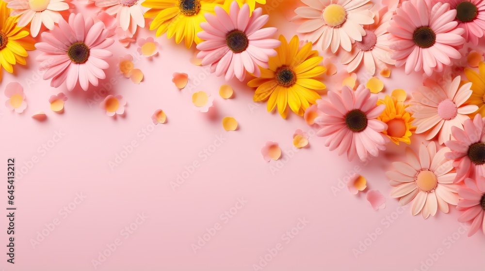  a pink background with yellow and pink flowers on it's sides.  generative ai