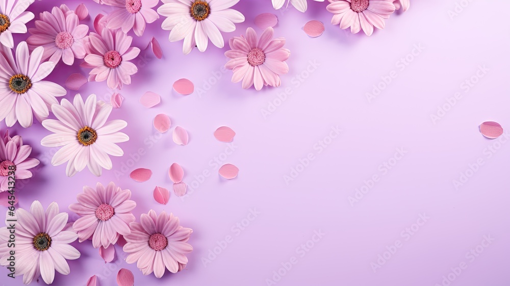  a bunch of pink flowers on a purple background with confetti.  generative ai