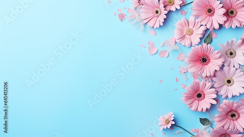  pink flowers on a blue background with a place for text.  generative ai