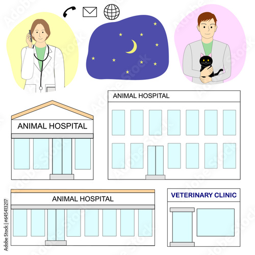 A set of animal hospital with various architectural style, female veterinarian and male customer.  