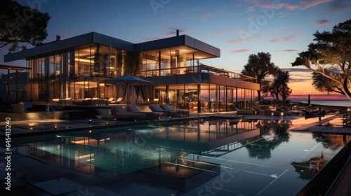 Modern architecture with a pool, concrete and glass facade at sunset