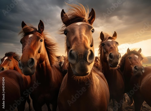 A group of galloping horses in the steppe