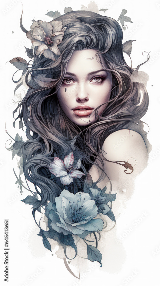 Tattoo Submission Template Brainstorming Devine Woman and Flowers Digital Art Generative AI Background Cover Magazin 