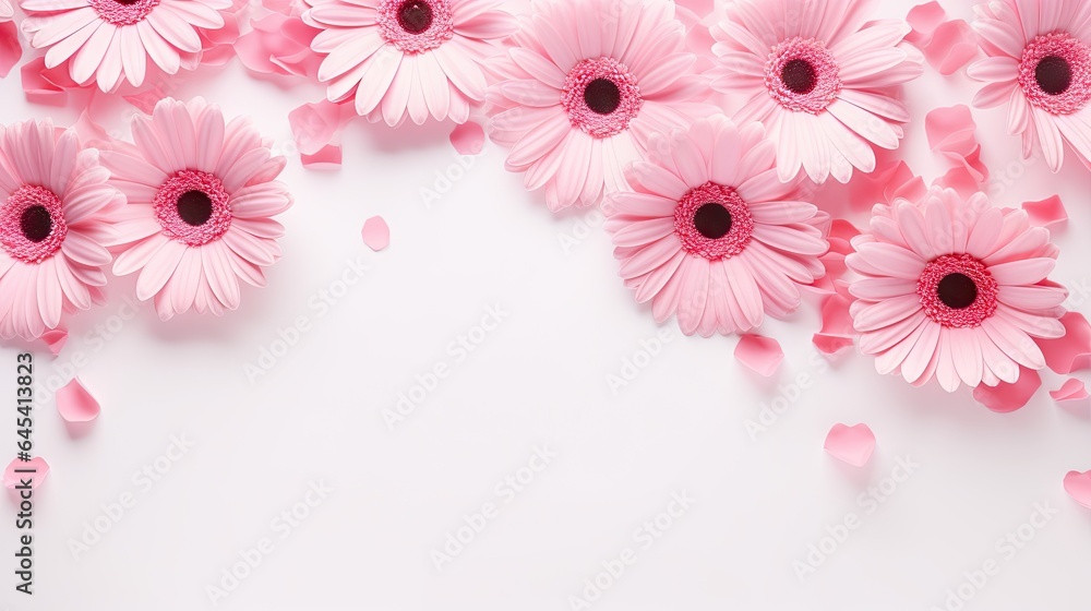  a bunch of pink flowers on a white background with pink petals.  generative ai