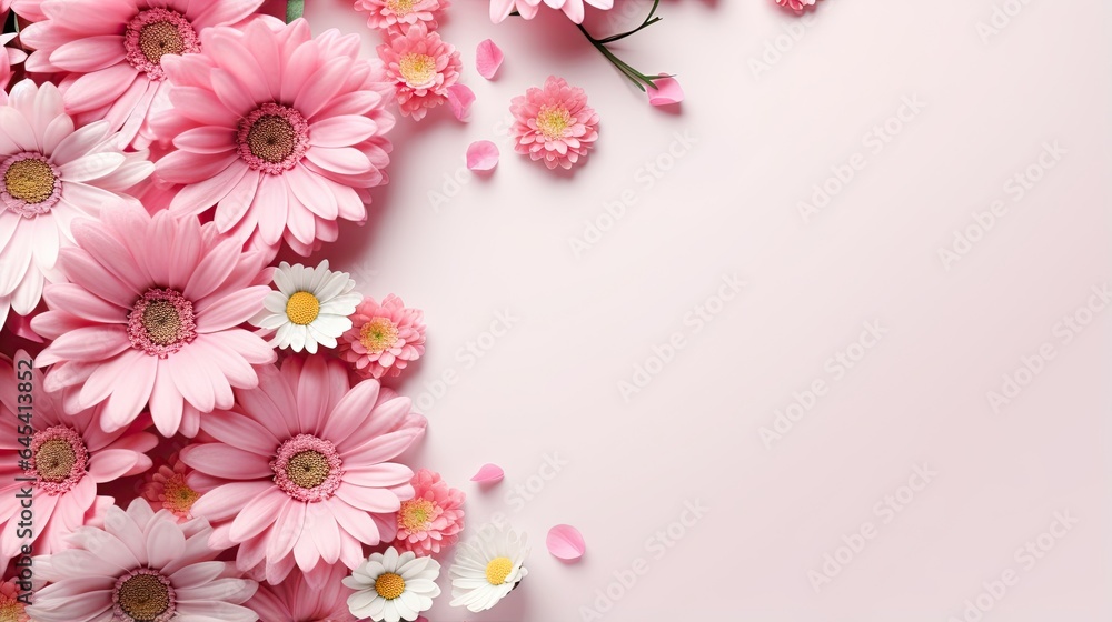  a pink background with daisies and pink petals on it.  generative ai