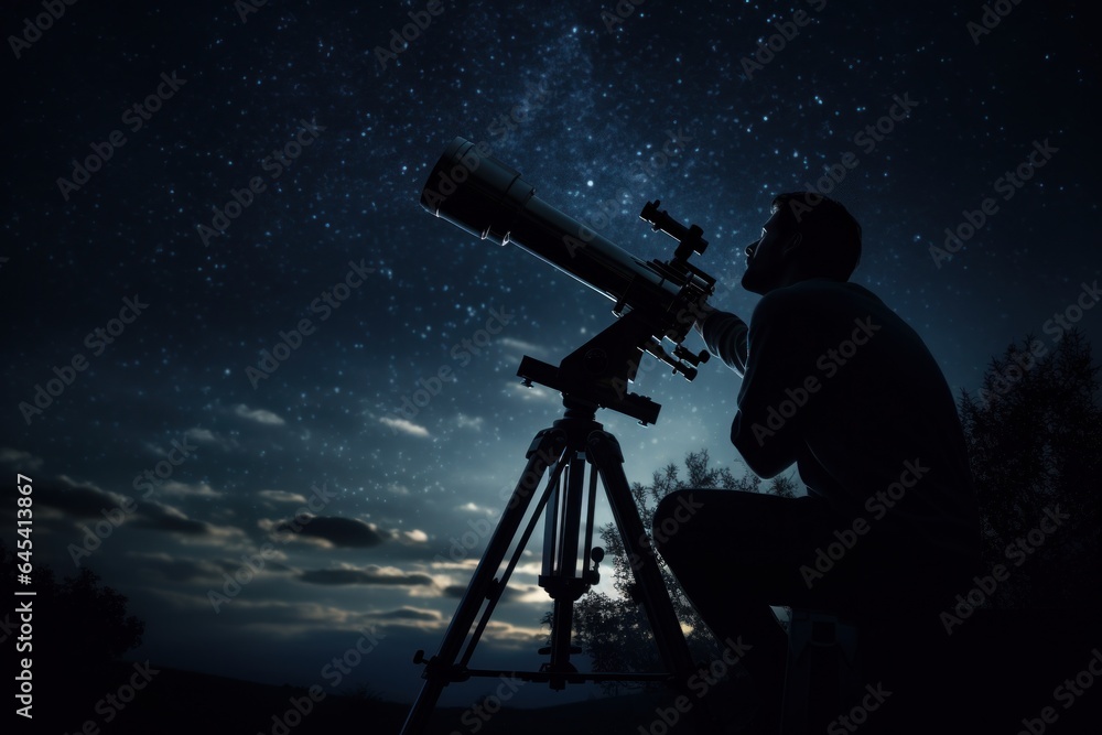 Silhouette of a man with a telescope in nature at night.
