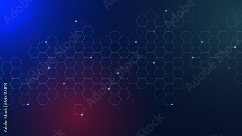 Abstract hexagons pattern with glowing particles. Network connection, digital communication, science and technology background design concept. © Alfan Subekti