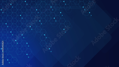 Abstract futuristic technology concept with hexagons pattern and glowing particles. Global communication, social networking and network connection background design.