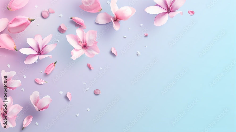  pink flowers on a blue and pink background with scattered petals.  generative ai