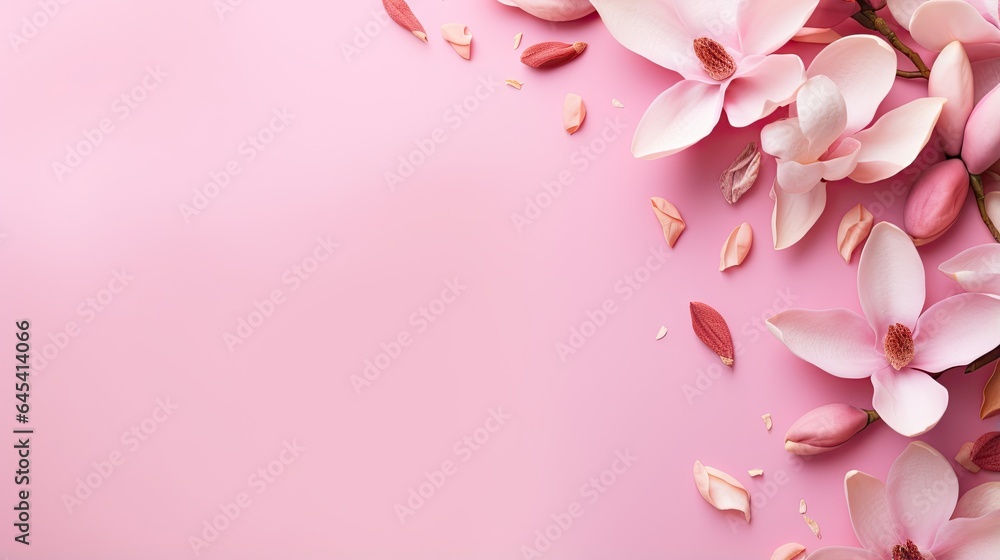  a pink background with pink petals and petals on the side.  generative ai