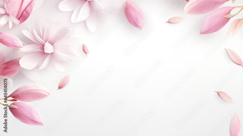  a white background with pink flowers and leaves on the bottom.  generative ai