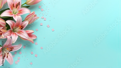  pink lilies on a blue background with confetti. generative ai