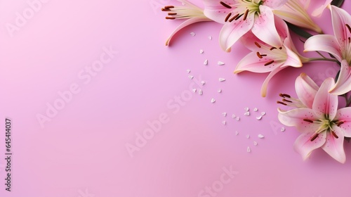  pink lilies on a pink background with seeds scattered around them.  generative ai © Shanti
