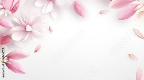  a white background with pink flowers and leaves on the bottom.  generative ai © Shanti