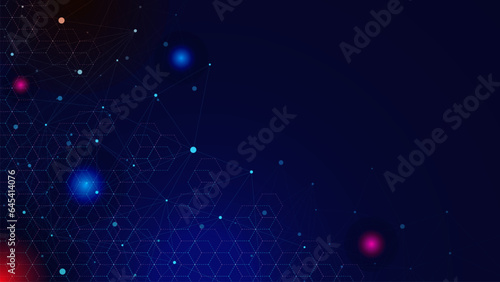 Abstract geometric with hexagons pattern and glowing particles on dark blue background for modern technology concept design.