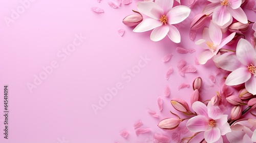  a pink background with pink flowers and petals on the bottom. generative ai