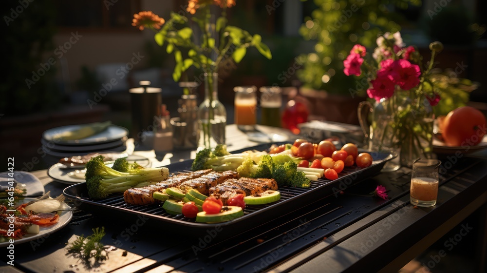 Outdoor Dining Table with Barbecue Meat and Fresh Vegetables