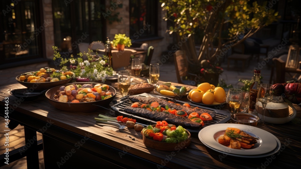 Outdoor Dining Table with Barbecue Meat and Fresh Vegetables